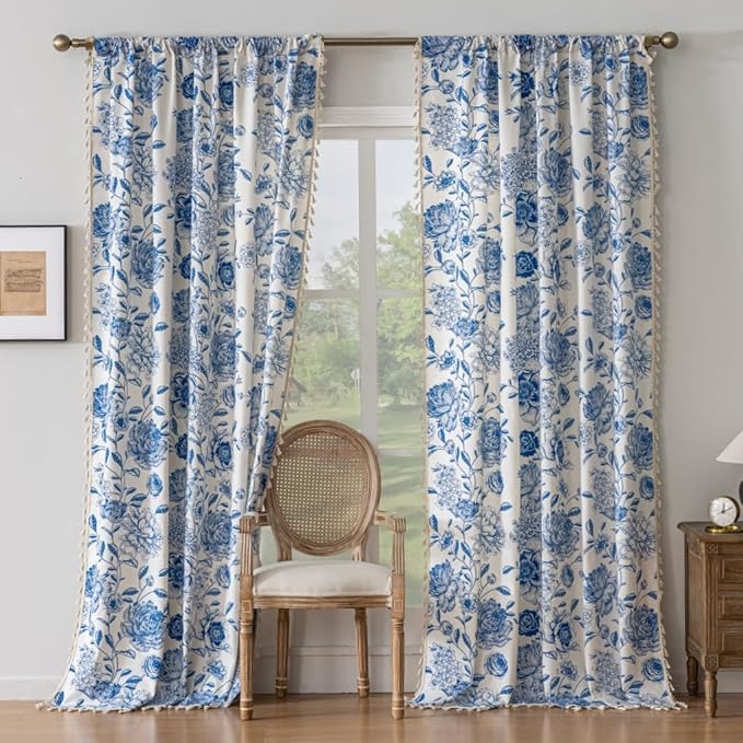 F-CHU Blue Curtains for Bohemian 90 Inch Length French Country Floral Drapes Farmhouse Rustic Vintage Window Curtain Panels for Bedroom Chic Country Curtains๏ผ2 Panel 52" W x 90" L