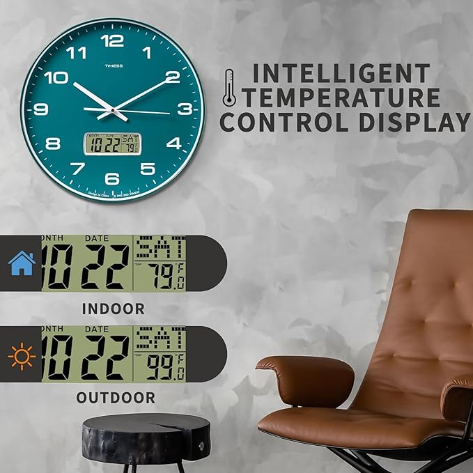Wall Clock, 13" Dial Non-Ticking Silent Battery Operated Analog with LCD Display for Perpetual Calendar and Fยฐ Temperature, Ideal Modern Home, Office Decor (Green)