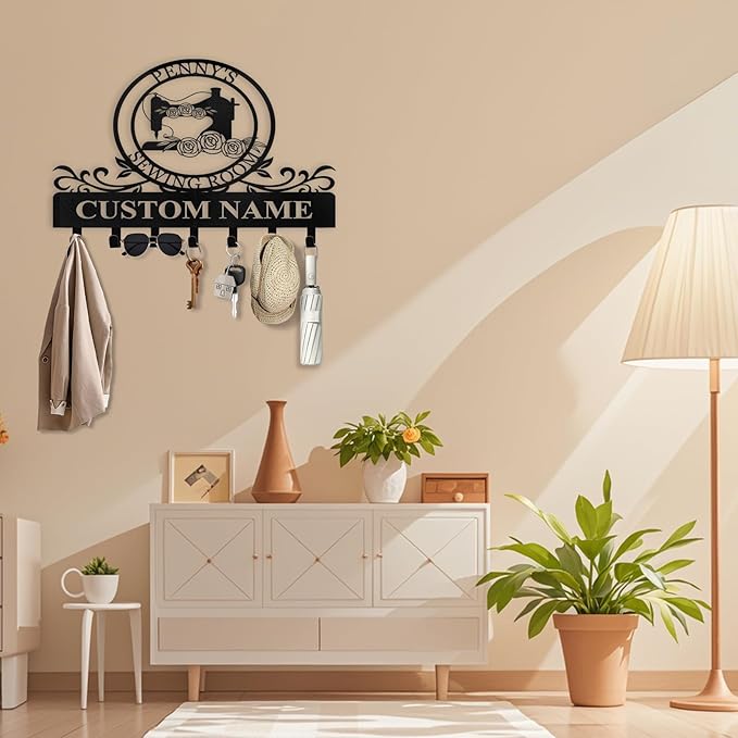 Personalized Key Holder Wall Mount - Custom Sewing Machine Design Key Hanger for Wall Art Decor, Metal Coat Rack Organizer with Hooks, Key Hanger for Bedroom Entryway Hallway, Personalized Gift
