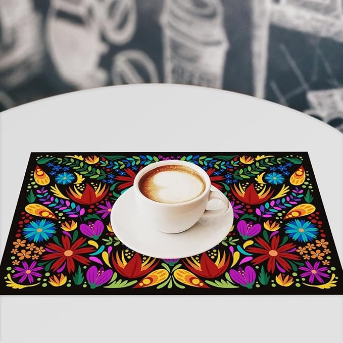 Mexican Floral Placemat Set of 4, 12x18 Inch Boho Colorful Mexico Fiesta Talavera Birds Cinco de Mayo Stripes Coffee Vintage Table Mats for Outdoor Kitchen Dining Table Decoration