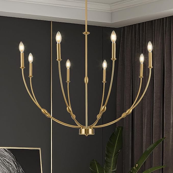 8-Light Candle Chandeliers, 35 Inch Brushed Gold Dining Room Light Fixture, Modern High Ceiling Chandeliers for Living Room, Entryway, Foyer