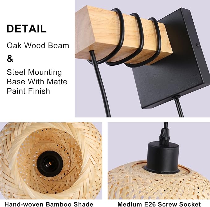 Farmhouse Plug in Wall Sconces Light Fixture for Bedroom, Living Room, Bamboo Rattan Lantern Lampshade Wood Beam Wall Mounting Hanging Lamp, Vintage Rustic Wall Decor(Without Bulbs)