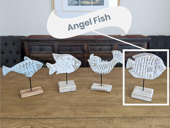 Wooden Fish Sculpture Home Decor | Handmade Angel Fish Statue on Stand | Sea Nautical Beach House Decor Art Piece | Whitewashed Rustic Centerpiece Table Decor for Office, Living Room (Angelfish)