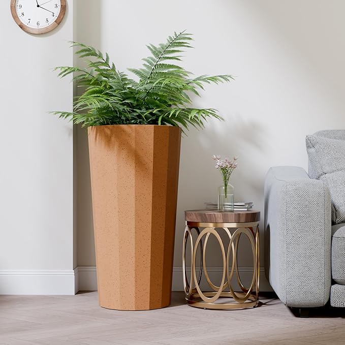 2PCS Tall Planters for Outdoor Plants, 23.6 Inches Large Outdoor Conical Flower Pots for Porch with Drainage Holes and Drainage Baffle, Tapered Large Planters for Garden, Balcony Clay Color