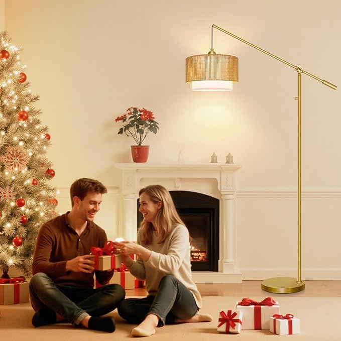 【Upgraded】Arc Floor Lamp for Living Room, Boho Dimmable Swing Arm Floor Lamp with Rattan & Fabric Shades, Gold Rattan Standing Lamp with 11W Bulb, Farmhouse Adjustable Tall Lamp for Bedroom Office