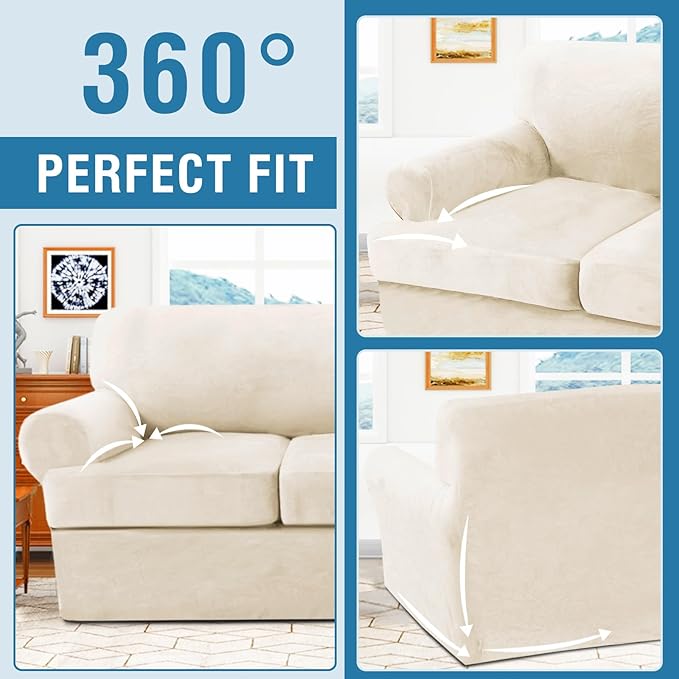 H.VERSAILTEX Sofa Cover 2 Piece T Cushion Armchair Slipcovers Thick Velvet Couch Cover Stretch T Cushion Sofa Covers for 1 Cushion Couch with 1 Individual T Cushion Covers, Cream