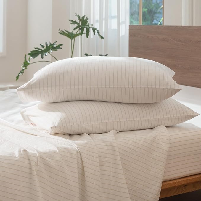 MooMee Striped Duvet Cover Set 100% Washed Cotton Linen Like Textured Breathable Durable Soft Comfy (White Almond Milk Grey Wide Stripes, Super King 108"x98")