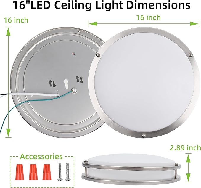 hykolity 16 inch Dimmable LED Flush Mount Ceiling Light Fixture, Brushed Nickel, 36W, 2200LM, 2.7/3/3.5/4K/5K Adjustbale, 120°Light Angle, CRI80, Ceiling Lamp for Bedroom, Kitchen, Office, ETL Listed