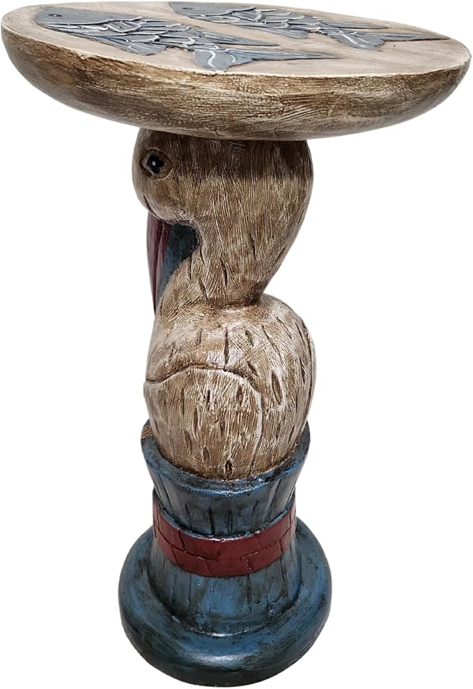 WorldBazzar Hand Carved Wooden Rustic Pelican Fish End Table Plant Stand Wood Sculpture
