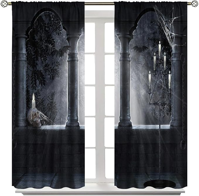 Gothic Mid Century Skeleton Blackout Curtains, Vintage Castle Skull Candlesticks Halloween Horror Spider Web Window Drapes, for Living Room Bedroom 26(W)*84(L) 2 Panels