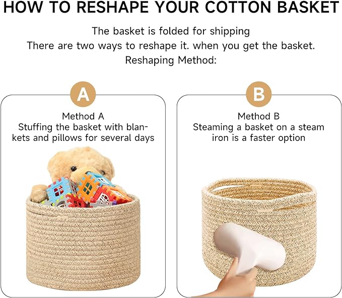 Small Basket for Organizing | Cube Shelf Closet Storage Baskets | 9.7×9.7×7.1” | Woven Rope Gift Basket | Nursery | Round 3 Packs Navy Blue