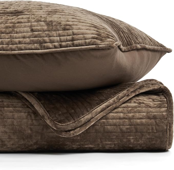 EverGrace Velvet Quilt Set Queen Size, Luxurious Soft Quilted Bedding Sets, Lightweight Velvet Comforter for All Season, Striped Channel Bedspread Coverlet with 2 Shams, Mushroom Brown