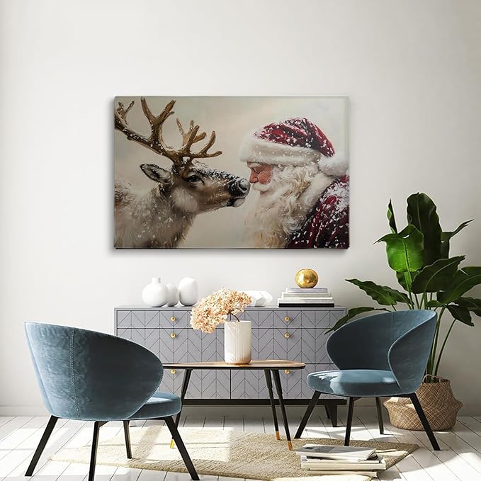 Vintage Santa and Reindeer Portrait Wall Art Print,Rustic Christmas Holiday Decor,Vintage Santa Claus Painting,Festive Winter Wall Print