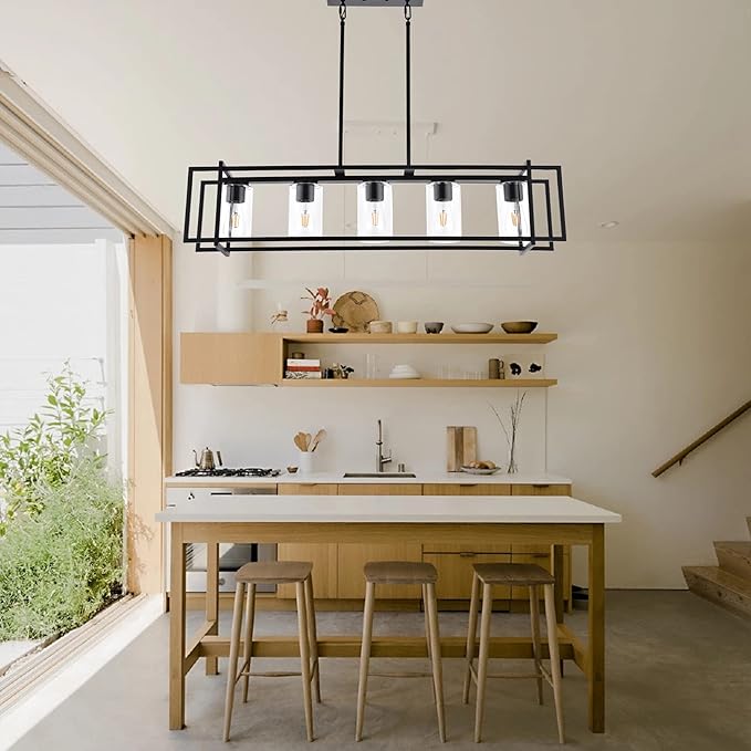 Kitchen Island Lighting 5-Light Chandeliers Farmhouse Black Island Pendant Light Fixtures Dining Room Rectangular Chandelier with Clear Glass Shades