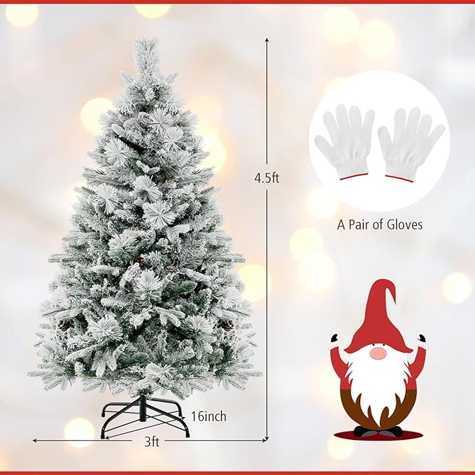 HAPPYGRILL 4.5 FT Pre-lit Artificial Christmas Tree, Snow-Flocked Xmas Tree with 160 Multi-Color LED Lights, 8 Lighting Modes, 472 Branch Tips, Pine Needles, Hinged Tree for Home Office Party