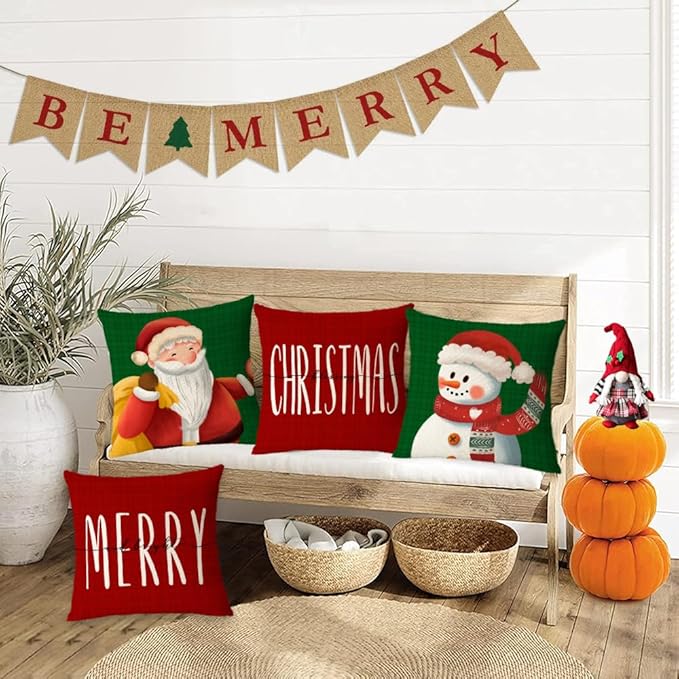 Merry Christmas Pillow Covers 16x16 Set of 4 Red Green Xmas Throw Pillow Covers Winter Holiday Pillow Covers Pillow Cases Home Outdoor Sofa Couch Cushion Covers for New Year(16 by 16)