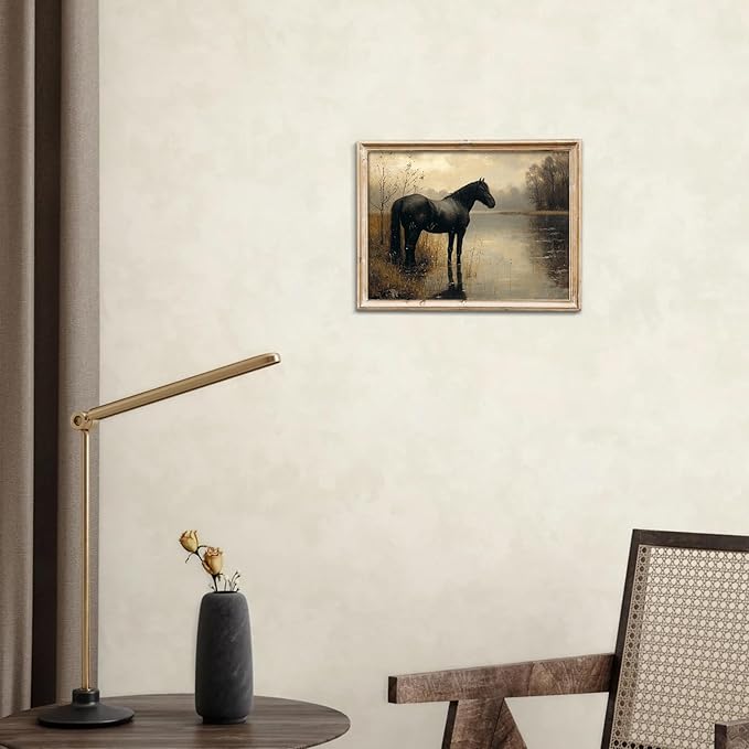 uniro Black Horse Vintage Wall Art Moody Landscape Prints Retro Wall Art Lake Dark Cottagecore Art Foggy Rustic Wall Decor DarkMoodyWallArt