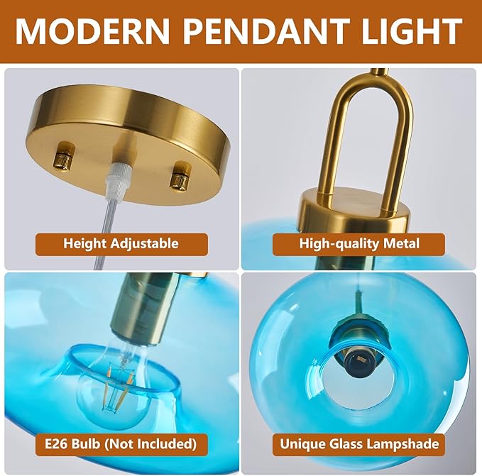 Light Blue Glass Pendant Lights Kitchen Island Gold Pendant Light Fixtures Adjustable Height Modern Pendant Lighting for Bedroom Dining Room (1-Pack)