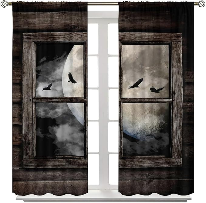 Gothic Halloween Blackout Window Curtains, Black Birds Crow Dark Print Window Drapes, for Home Kids Boys Bedroom Living Room 31.5(W)*72(L) 2 Panels