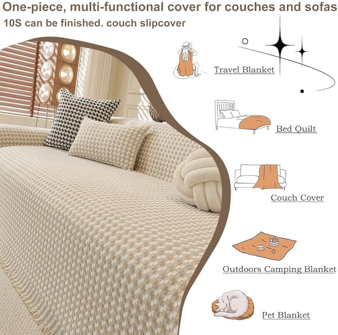 ROOMLIFE Thicked Checkered Boho Khaki Couch Cover for 2-3 Cushion Sofa, Chenille Sofa Slipcovers Sectional Sofas Covers for Dog, Non Slip Washable Furniture Protector Soft with Tassel 71''X118''