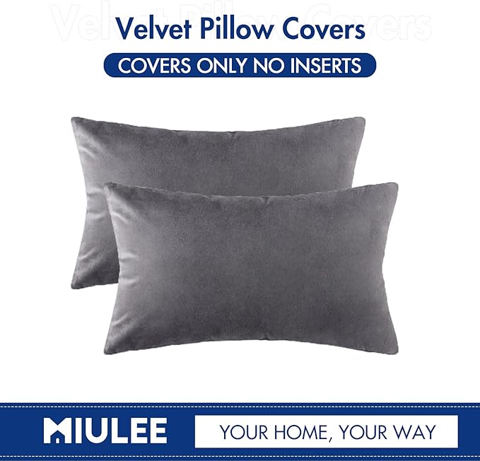 MIULEE Pack of 2 Velvet Pillow Covers Decorative Square Pillowcase Soft Solid Cushion Case for Sofa Bedroom Car 12 x 20 Inch Dark Grey