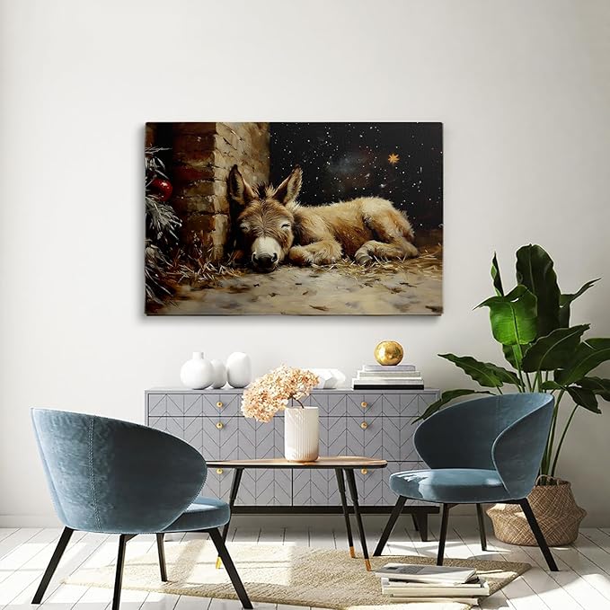 Rustic Holiday Wall Art,Christmas Donkey Nativity Print,Vintage Christian Christmas Religious Prints for Church Cottagecore Decor