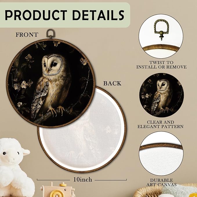 cvjutf Moody Gothic Barn Owl Wall Art Decor Framed, Dark Academia Cottagecore Owl Botanical Round Wall Decor Decorations, Gothic Witchy Canvas Prints Art for Home Bedroom Living Room Gallery, 10x10