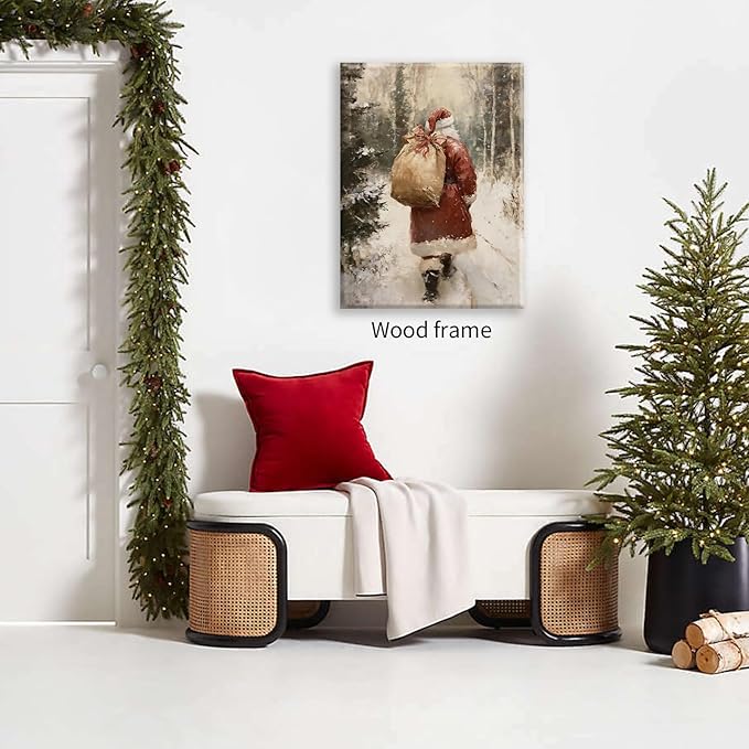 Santa Claus in Winter Forest Poster Vintage Christmas Holiday Canvas Wall Art 24x36 inch Framed Cozy Nature Christmas Tree Oil Painting Prints for Cottagecore Bedroom Wall Decor