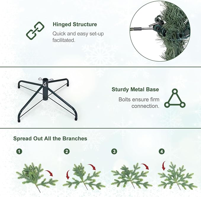 9FT Pre-Lit Artificial Christmas Tree with 3658 PE&PVC Mixed Branch Tips, 850 Warm White Lights, Hinged Premium Spruce Fake Xmas Trees, Green, Foldable Base