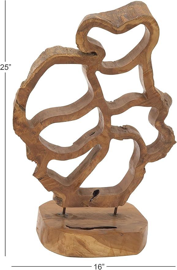 Deco 79 Teak Wood Abstract Handmade Decorative Sculpture Home Decor Statue, Accent Figurine 16" x 8" x 25", Brown