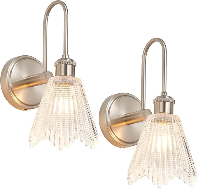 Wall Sconce Set of 2, Nickel Vintage Light Fixtures with Long Clear Glass Lampshade, Hardwired Sconces Wall Lighting for Bedroom, Bathroom, Living Room | Includes 2 LED Bulbs
