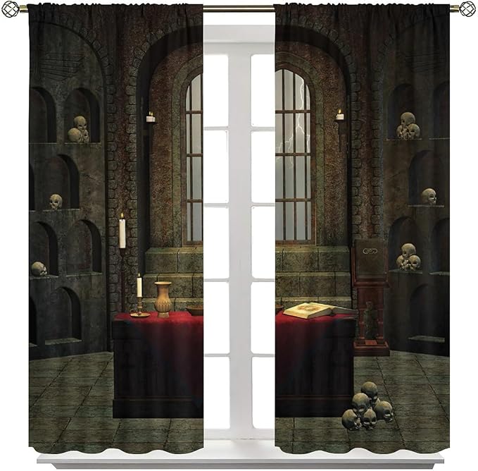 Gothic Mid Century Blackout Curtains, Horror Theme Skulls Shelves Candles Print Pattern Window Drapes, for Living Room Bedroom 36(W)*63(L) 2 Panels