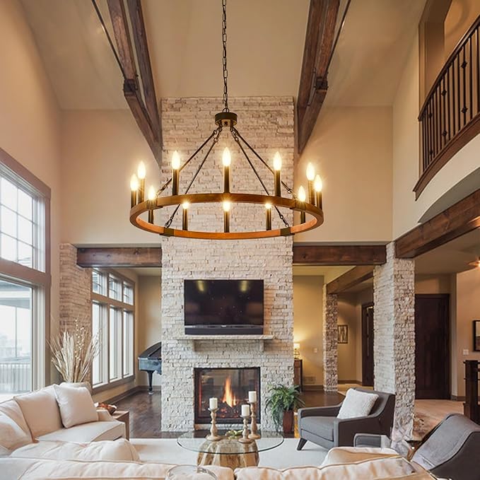 32'' Solid Wood Wagon Wheel Chandelier, 12-Light Farmhouse Chandeliers for Dining Room, Round Rustic Light Fixtures for Foyer Living Room Kitchen Island Entryway, E12