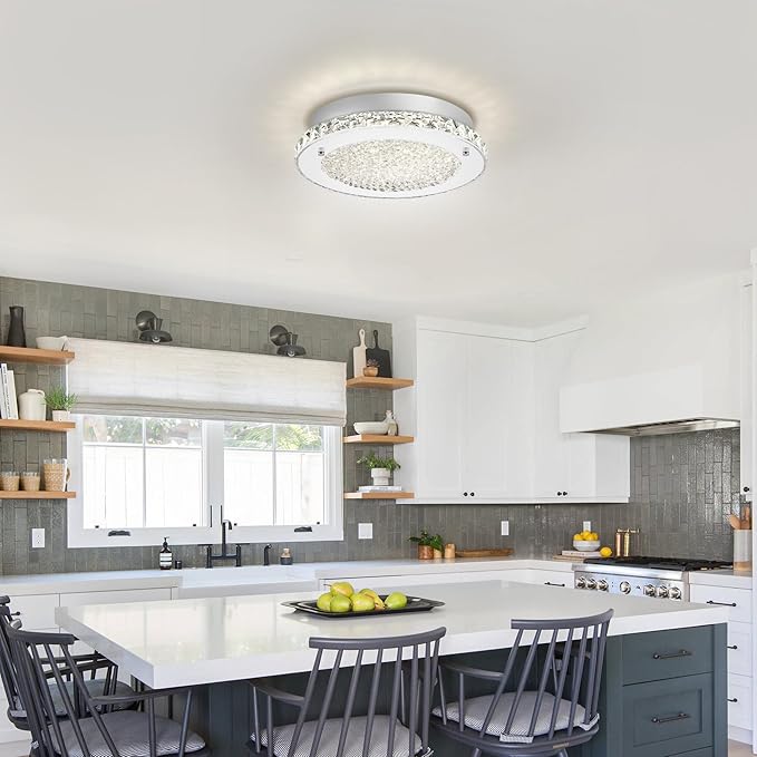 Crystal Ceiling Light Fixture 3000/4000/5000K Flush Mount Crystal Chandelier Modern Dimmable LED Kitchen Light Fixture for Bathroom Hallway Porch Laundry Room Cloakroom Office 11"