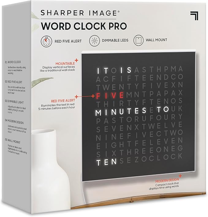 Sharper Image® LED Word Clock Pro with Dimmable Light, 9.45" Modern Design, & Red 5-Minute Alerts| Electronic Accent Wall & Desk Clock| Contemporary Home & Office Decor| Housewarming Gift
