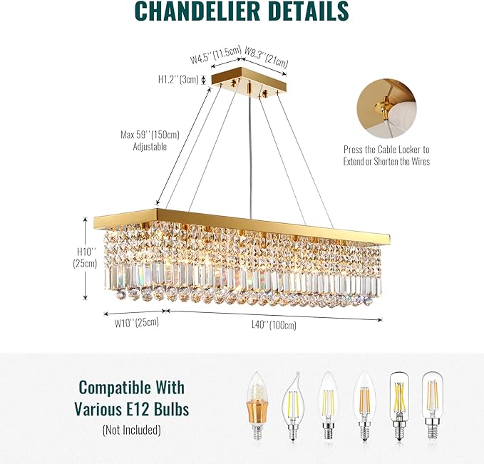 Siljoy Modern Crystal Chandelier, Luxury Gold Rectangular Raindrop Chandelier Lighting, 8-Light Rectangle Crystal Ceiling Light Fixture for Dining Room Kitchen Island Bar L40'' x W10'' x H10''