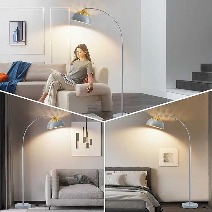 Arc Floor Lamps for Living Room, 71" Standing Lamp with Adjustable Lamp Head, Silver Metal Tall Lamps with Foot Switch, Arched Reading Light for Bedroom, Office, 9W 3 Color Temperatures Bulb Included