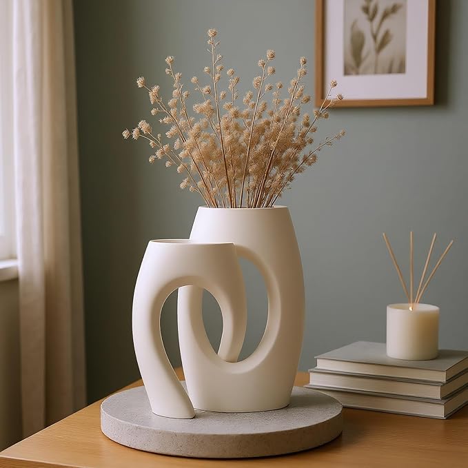 Ceramic Vase Set of 2, Minimalist Neutral Clay Vases for Modern Home Decor, Aesthetic Decorative Centerpieces for Living Room, Bedroom, or Entryway