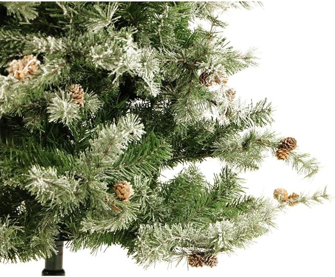 Fraser Hill Farm 9-Ft. Buffalo Fir Green Slim Artificial Christmas Tree with No Lights, Unlit Foldable Fake Tree with Realistic Snowy Foliage and Pinecones for Home Decoration