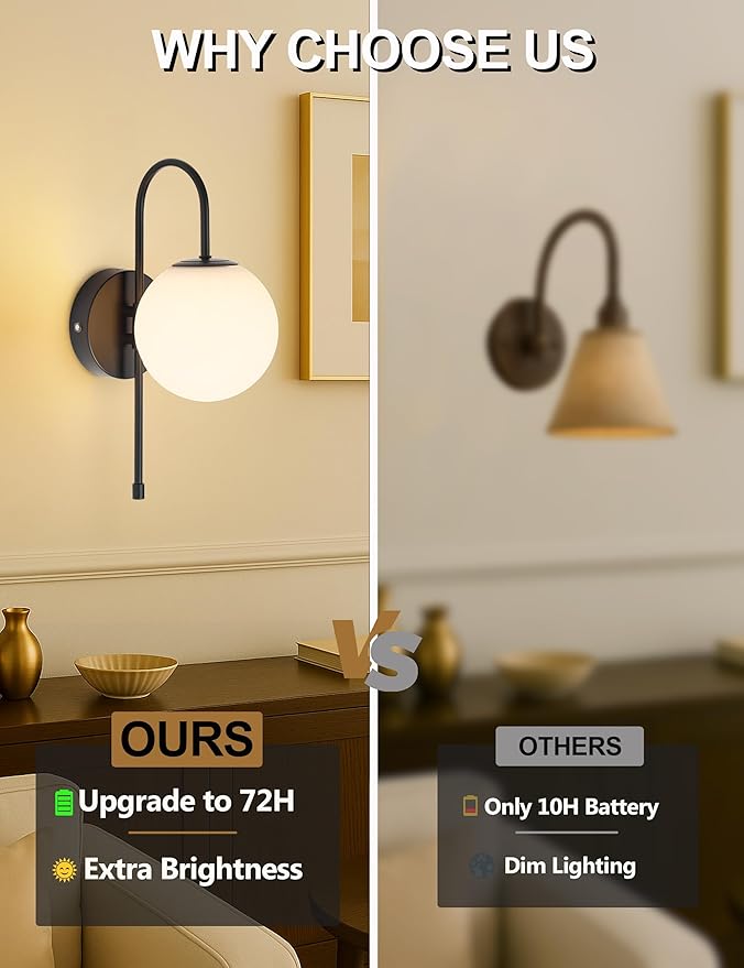 Battery Operated Globe Wall Sconces Set of 2, Wireless Black Wall Lights with Remote Control, Rechargeable 3 Color Stepless Dimming Gooseneck Wall Decor Lamp for Bedroom Living Room Hallway