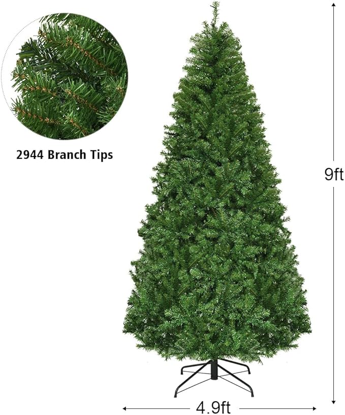 HAPPYGRILL 9FT Pre-lit Artificial Christmas Tree with 2944 PVC Branch Tips and Foldable Base, Premium Spruce Tree Hinged Xmas Tree with 1000 Lights, 11 Color Modes for Holiday Decoration