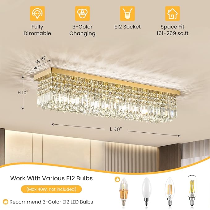 Siljoy Modern Crystal Chandelier 8 Lights Rectangular Gold K9 Crystal Raindrop Chandelier Flush Mount Pendant Ceiling Light Fixture for Dining Room Living Room Kitchen Island Bar 40 Inch