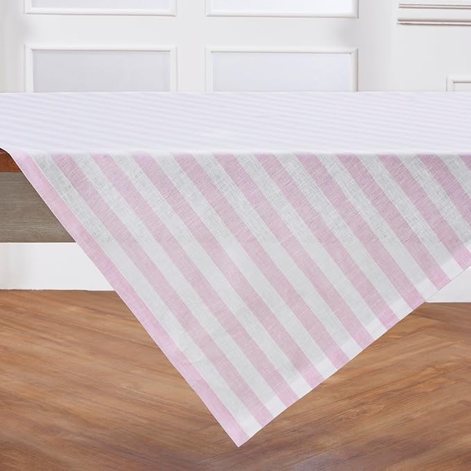 Solino Home Linen Striped Tablecloth 52 x 52 Inch - 100% Pure Linen Pink and White Square Table Throw - Sorrento Stripe, Machine Washable Tablecloth
