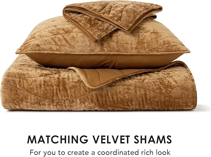 EVERGRACE Luxury Velvet Quilt King Size, Ultra Soft Wave Crushed Velvet Bedding Set, Lightweight Quilted Comforter Set for All Season, Oversized Bedspread Coverlet with 2 Shams, Harvest Gold