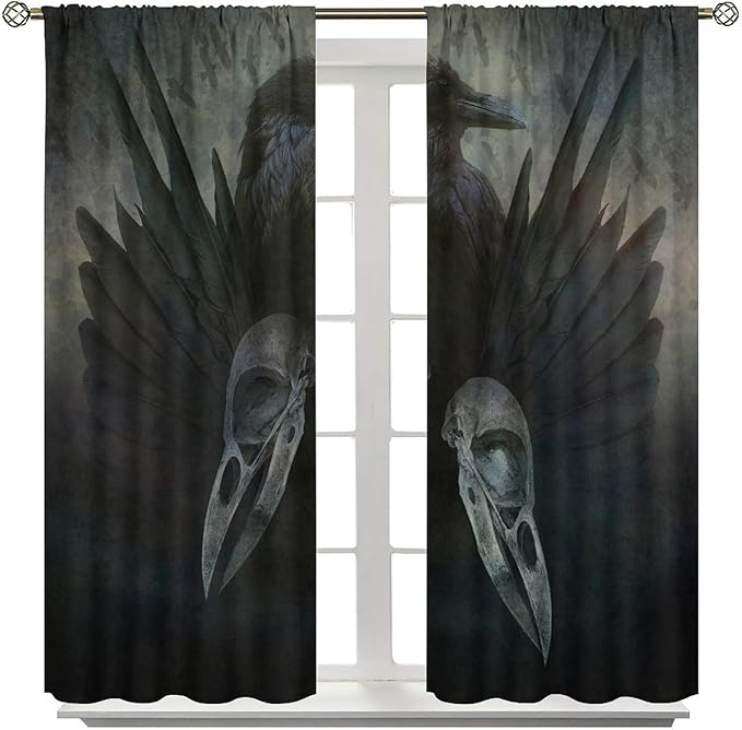 Gothic Blackout Window Curtains, Halloween Black Raven Crow Black Dark Wings Rod Pocket Window Treatments Drapes, for Living Room Bedroom 21(W)*54(L) 2 Panels