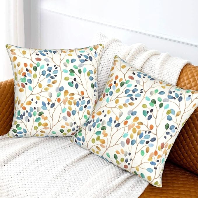 Spring Floral Pillow Covers 20x20 Inch Set of 2 Colorful Leaves Throw Pillow Cover Vintage Plant Flower Square Pillowcase Cushion Cases for Home Couch Bed Sofa