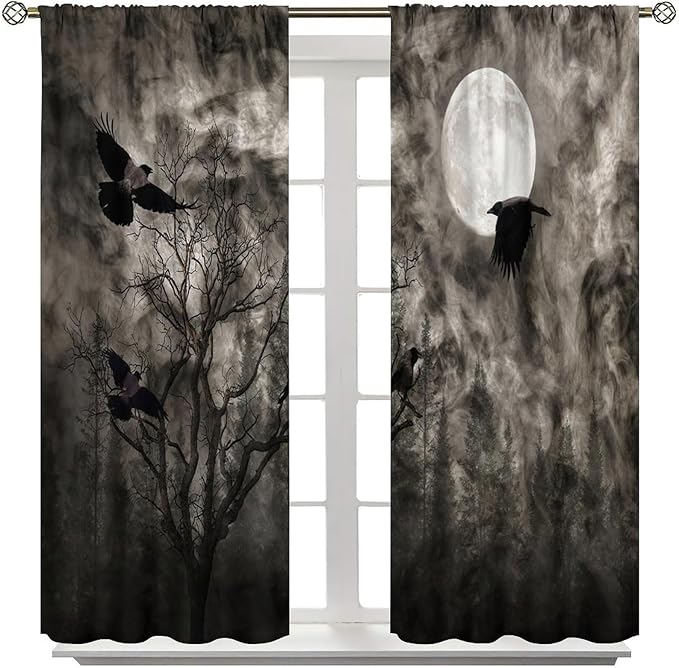 Gothic Crow Blackout Window Curtains, Gothic Style Dark Sky Full Moon Raven Halloween Pattern Window Drapes, for Home Bedroom Living Room 42(W)*84(L) 2 Panels