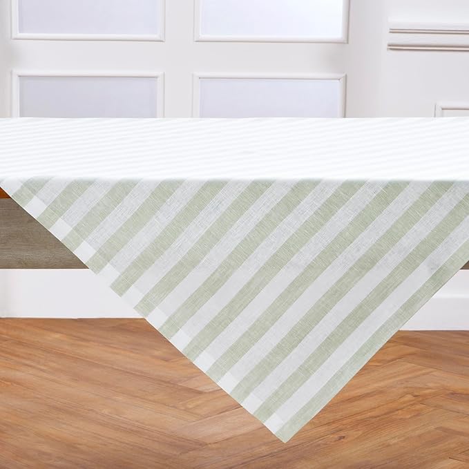 Solino Home Linen Tablecloth 52 x 52 Inch - Sorrento Stripe, 100% Pure Linen Sage and White Square Tablecloth - Machine Washable Table Throw for Fall, Autumn, Thanksgiving, Christmas