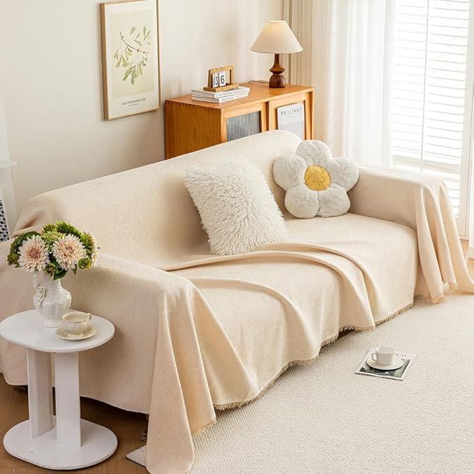 ROOMLIFE Boho Beige Couch Cover for Dogs, Washable Non Slip Furniture Protector Couch Sofa Covers for 3 Cushion Couch, Soft Breathable Sofa Slipcovers Couch Cover Throw Blanket with Tassels71''X150''