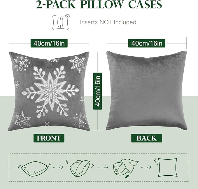 Lewondr Christmas Throw Pillow Covers, 16x16 Inch Snowflake Embroidery Pillow Cases Home Xmas Decorative Holiday Decor Cushion Covers Soft Velvet Pillow Cover for Sofa Bed Chair Set of 2, Gray
